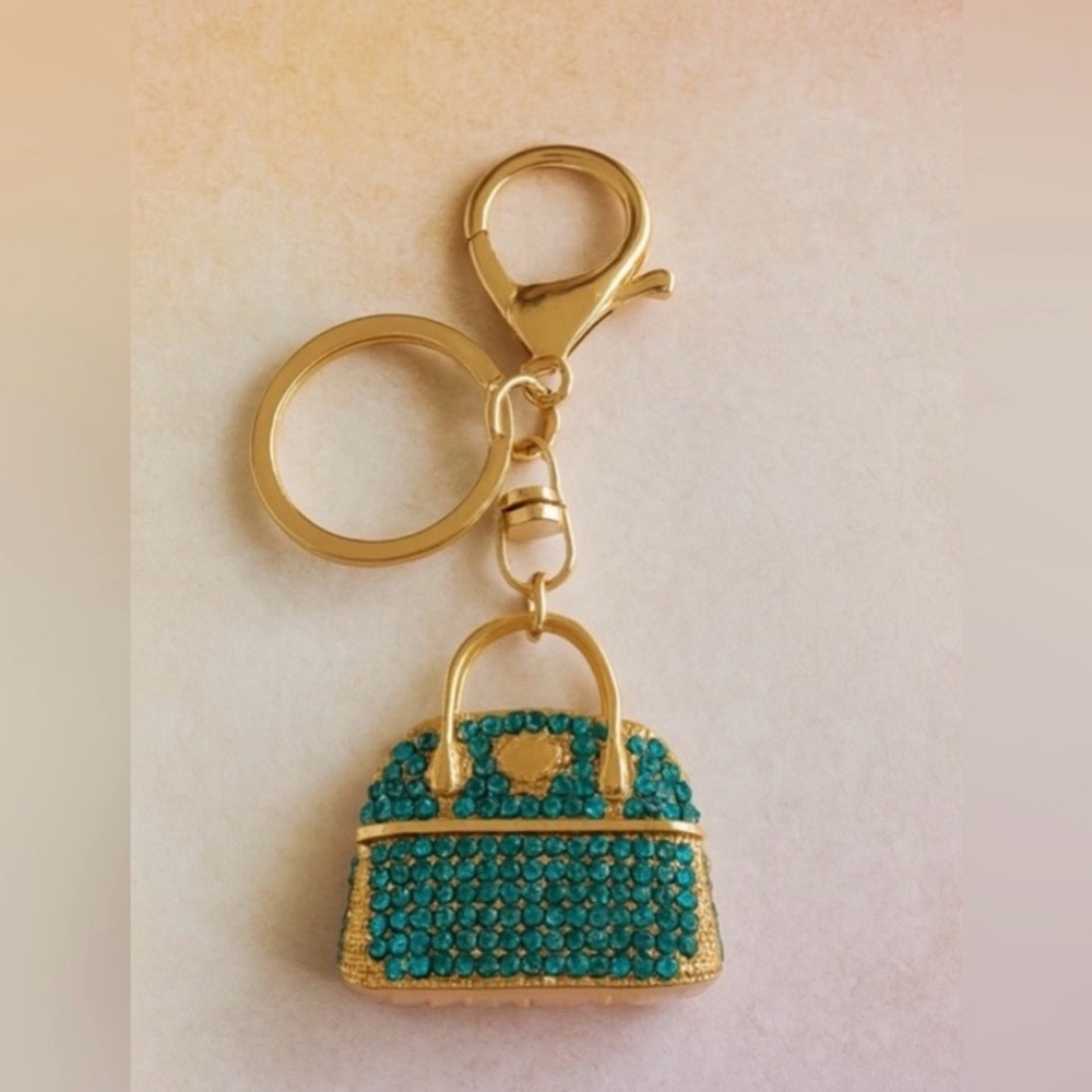 Gold-Tone Teal Rhinestone Bag Charm Keychain - Sparkly Purse Accessory, Handbag